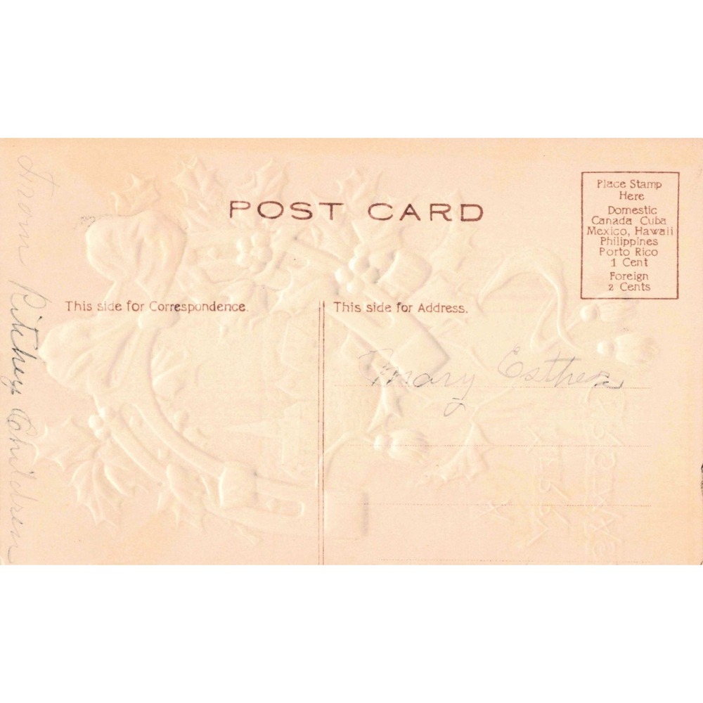 Christmas Postcard Embossed Horseshoe Winter Village Church Holly c1910 Antique - Picture 2 of 2